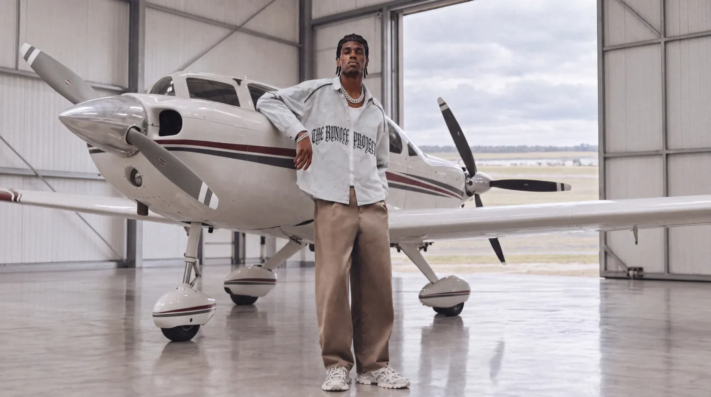 White grid overshirt with The Runoff Project across the chest