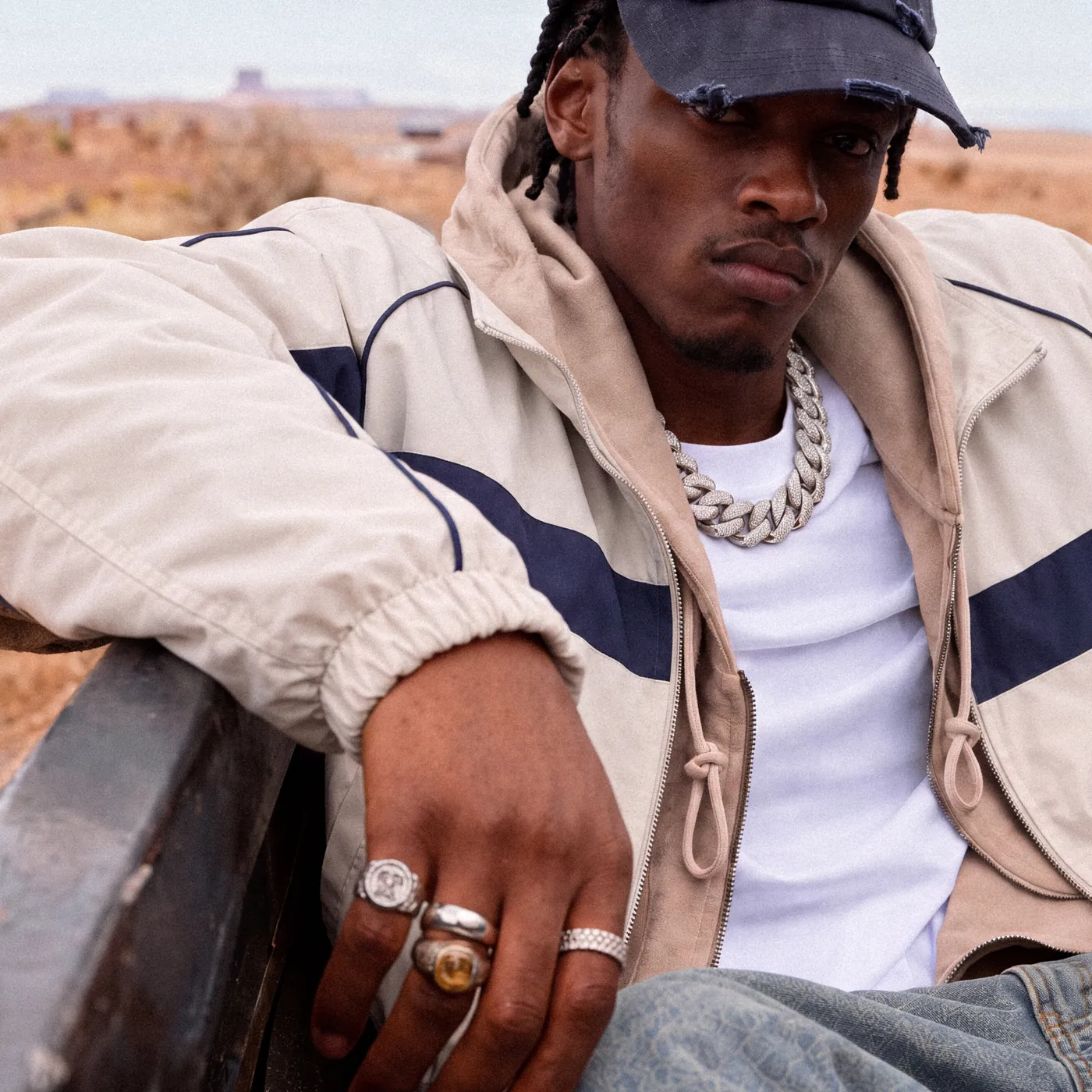 Beige TRP track jacket with navy panels