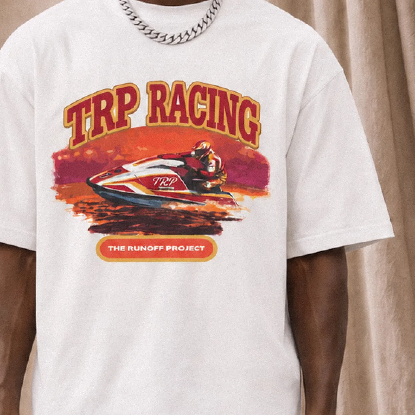 White TRP Racing t-shirt with a jet ski graphic